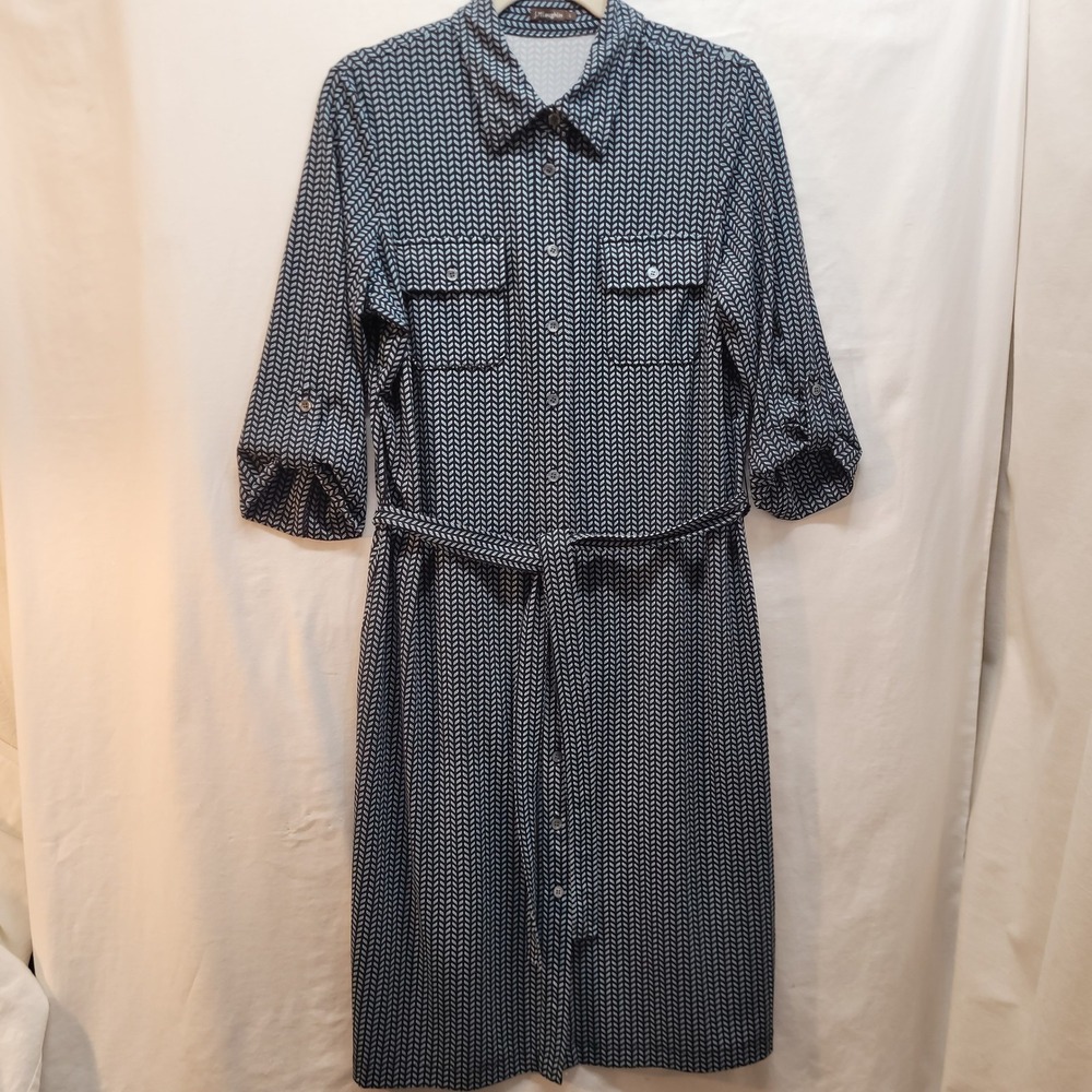 J.McLaughlin Womens Navy White Geometric Shirt Dress 3/4 Roll Tab Sleeve Large